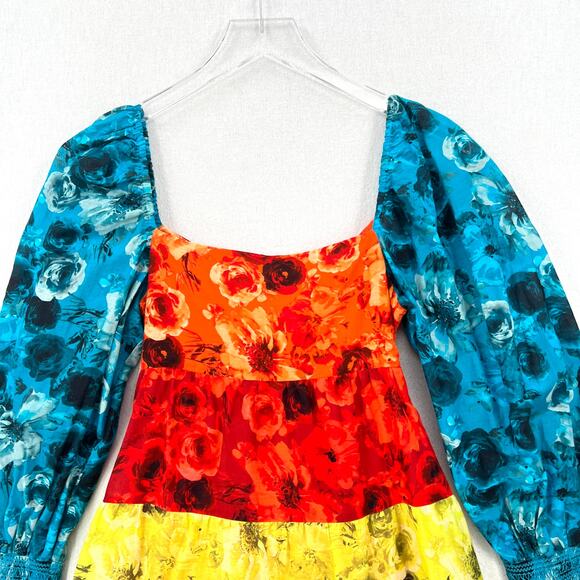 ALICE AND OLIVIA Rowen Tiered Babydoll Dress Womens XS Blue Red Floral Print - Picture 4 of 16